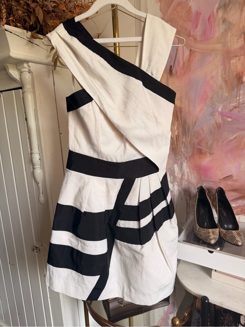 Reiss White and Black Striped One-Shoulder Dress